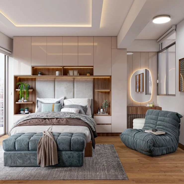 recamara moderna con sofá y almohadones